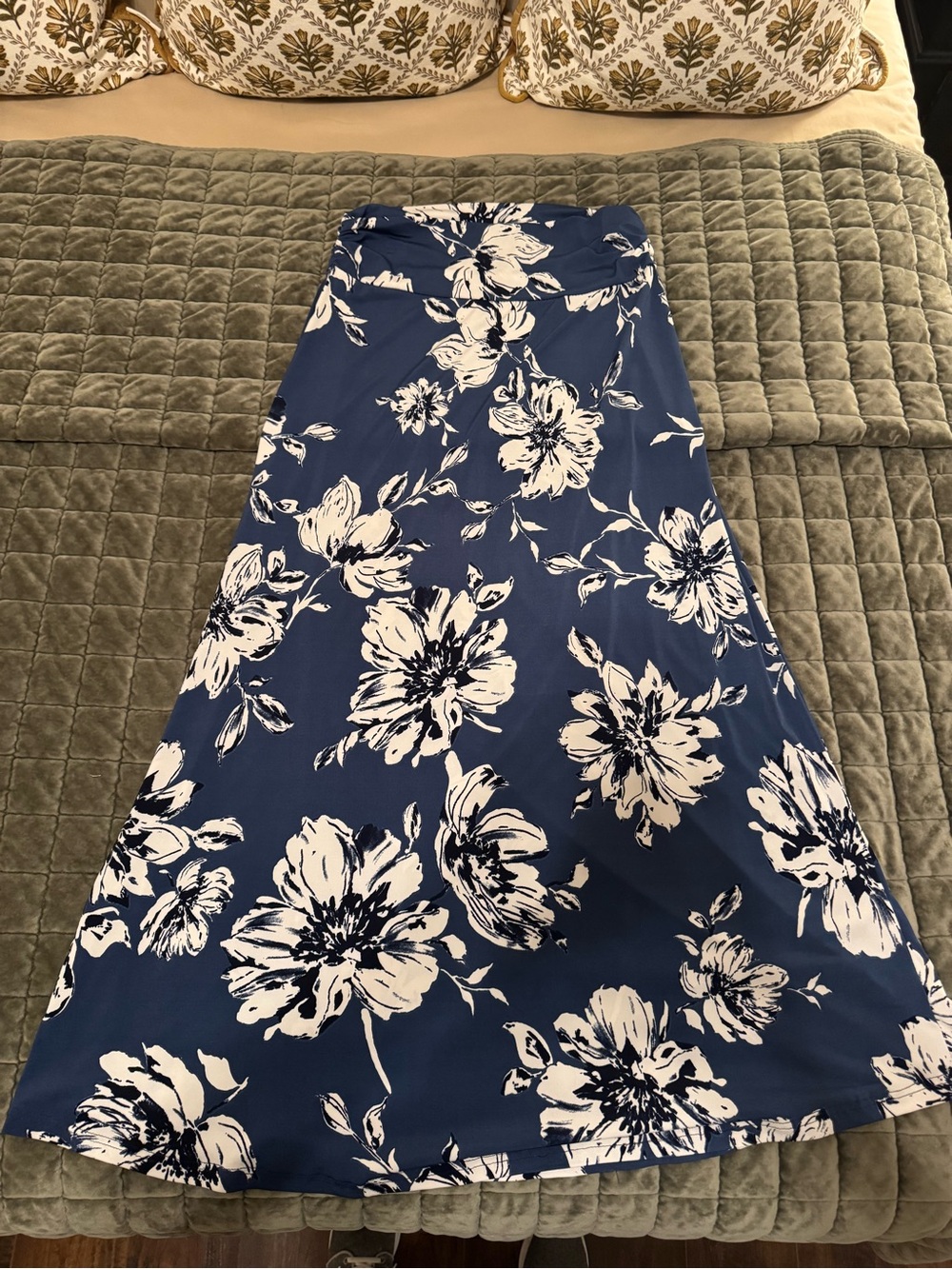 Le Lis Navy Blue Maxi Skirt with White Floral Print